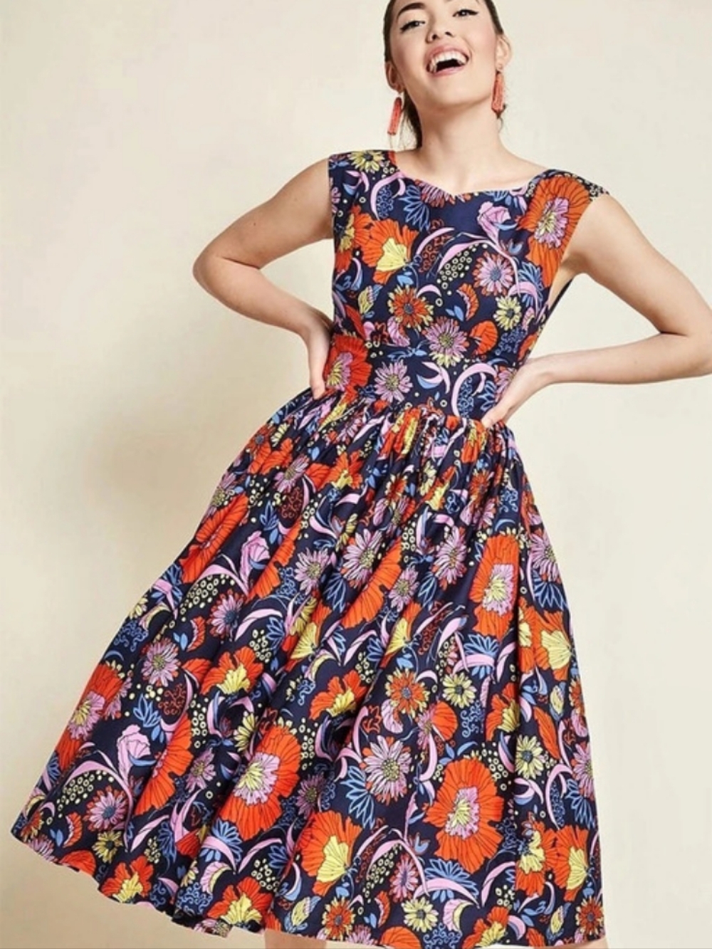 Modcloth Floral Vintage Dress Blue & Orange Midi Size XL